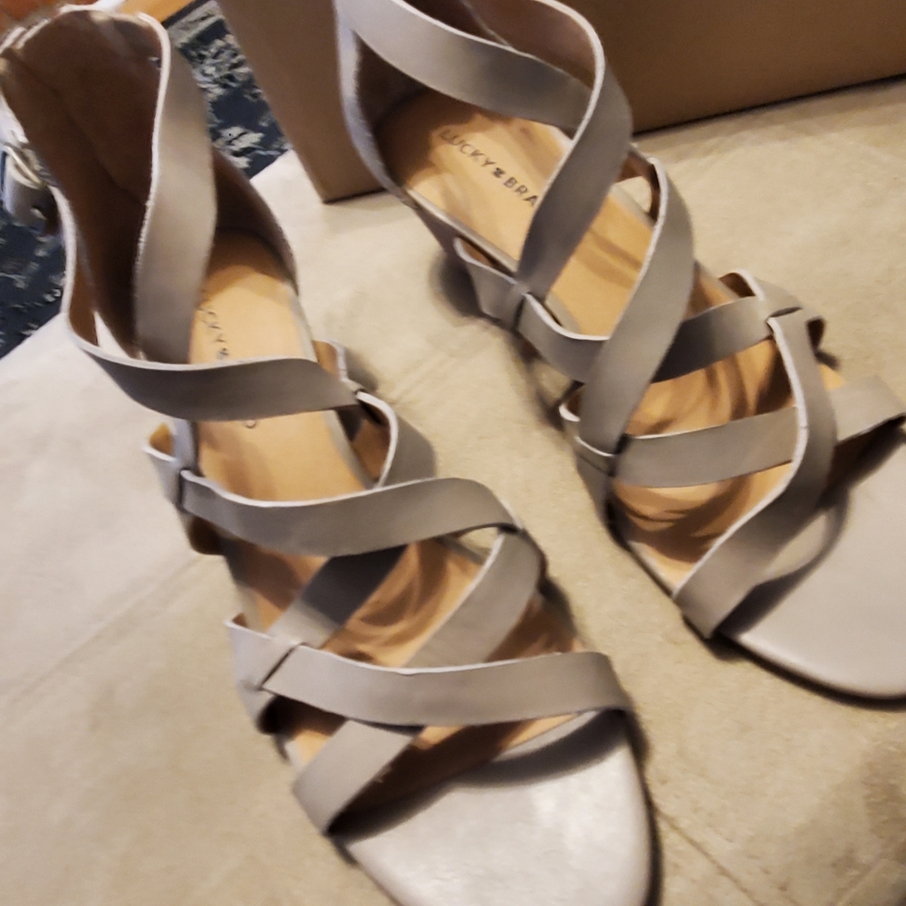 New in box, Lucky Brand strappy wedge sandals.
